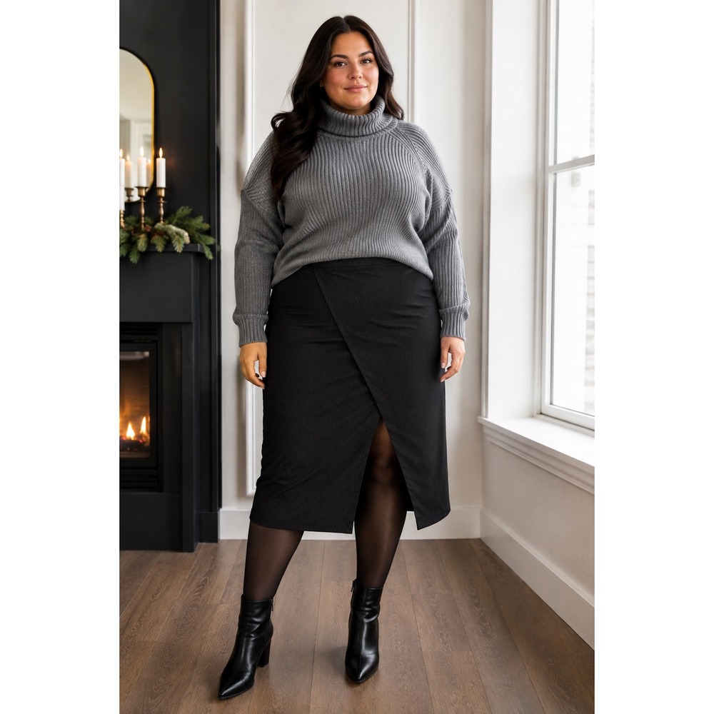 Arula 3X Black Ribbed Textured Wrap Midi Skirt Stretch Slit Plus Size NWT
